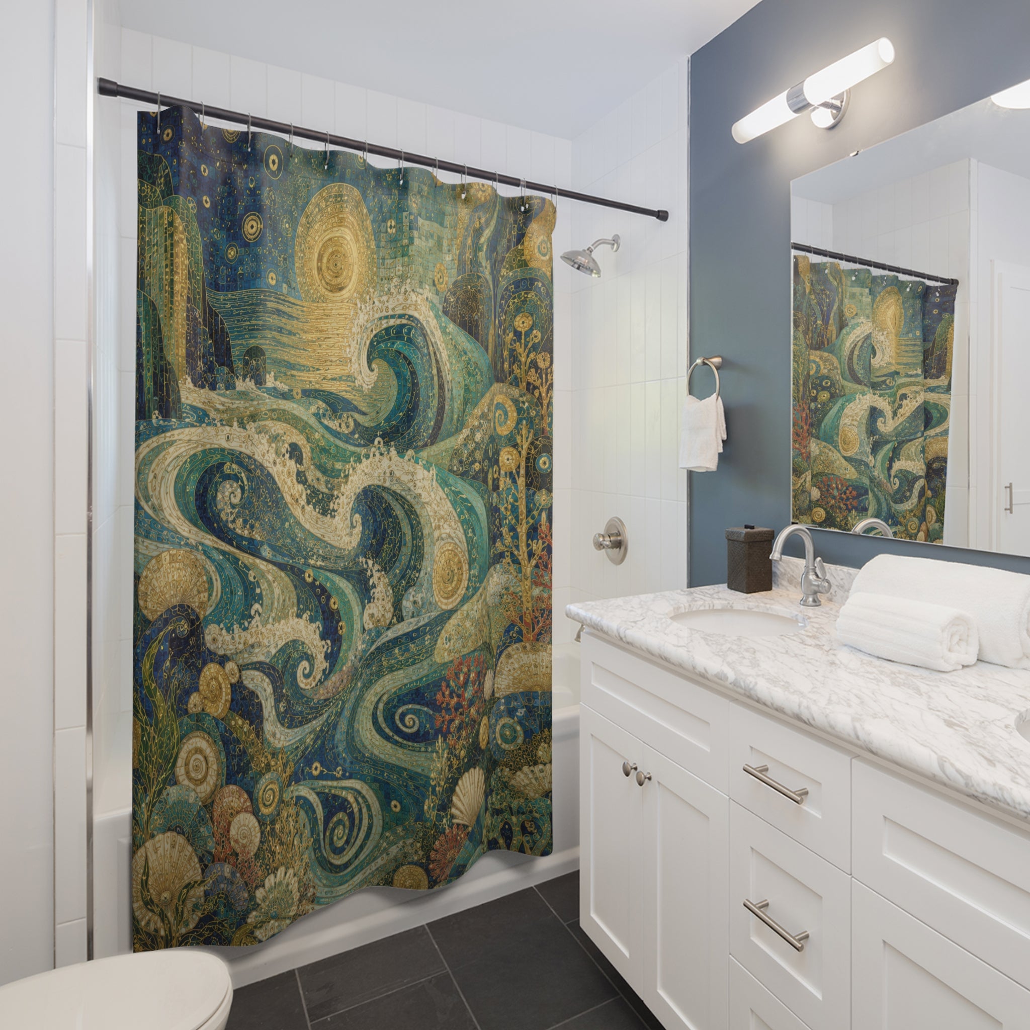 Klimt Inspired Ocean Shower Curtain: Blue Gold Nouveau