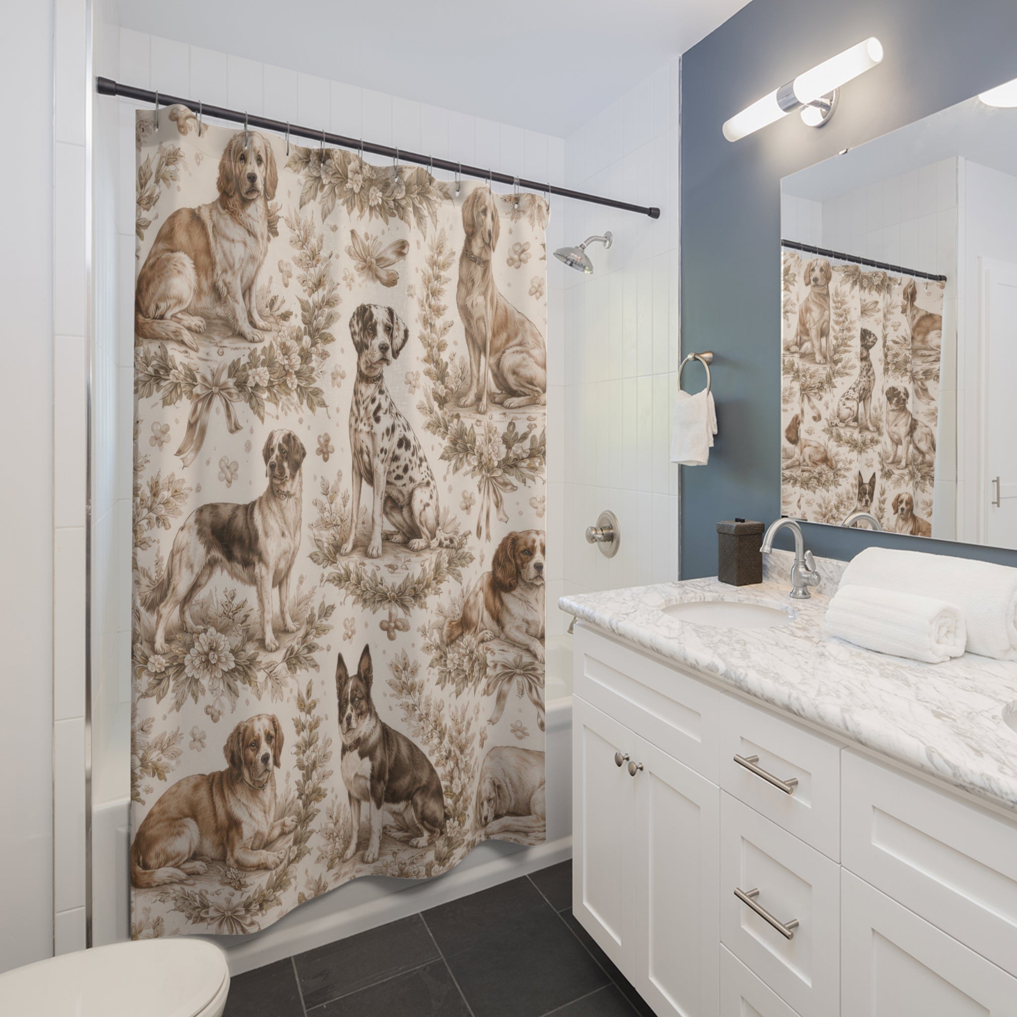 Dog Portrait Toile Shower Curtain – Beige Vintage