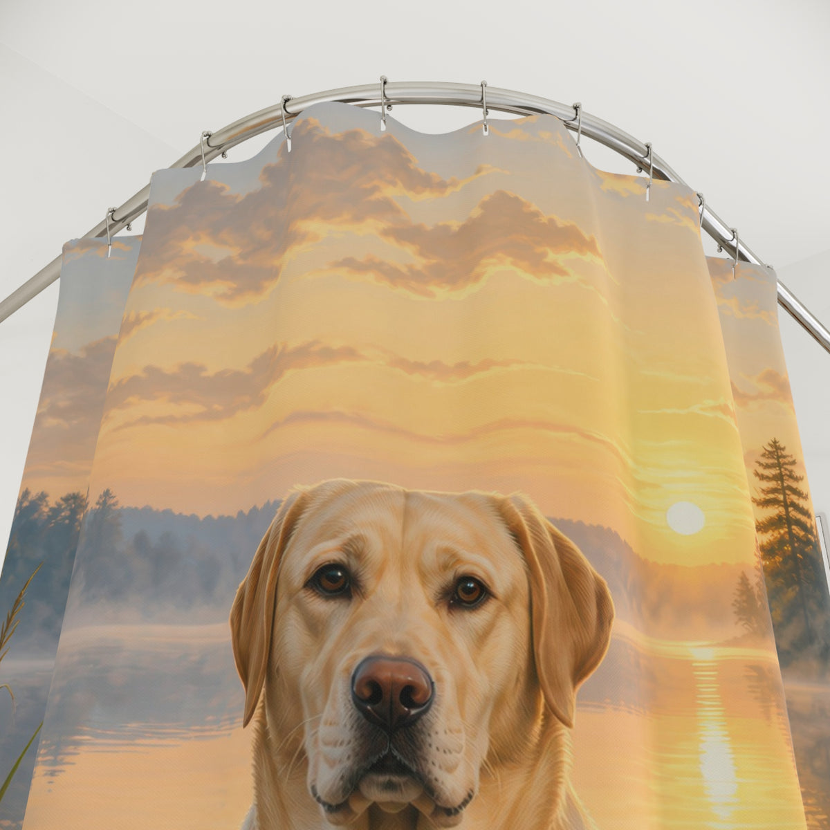 Yellow Labrador seated on a lake dock at sunrise shower curtain with close-up print, hooks, and folds