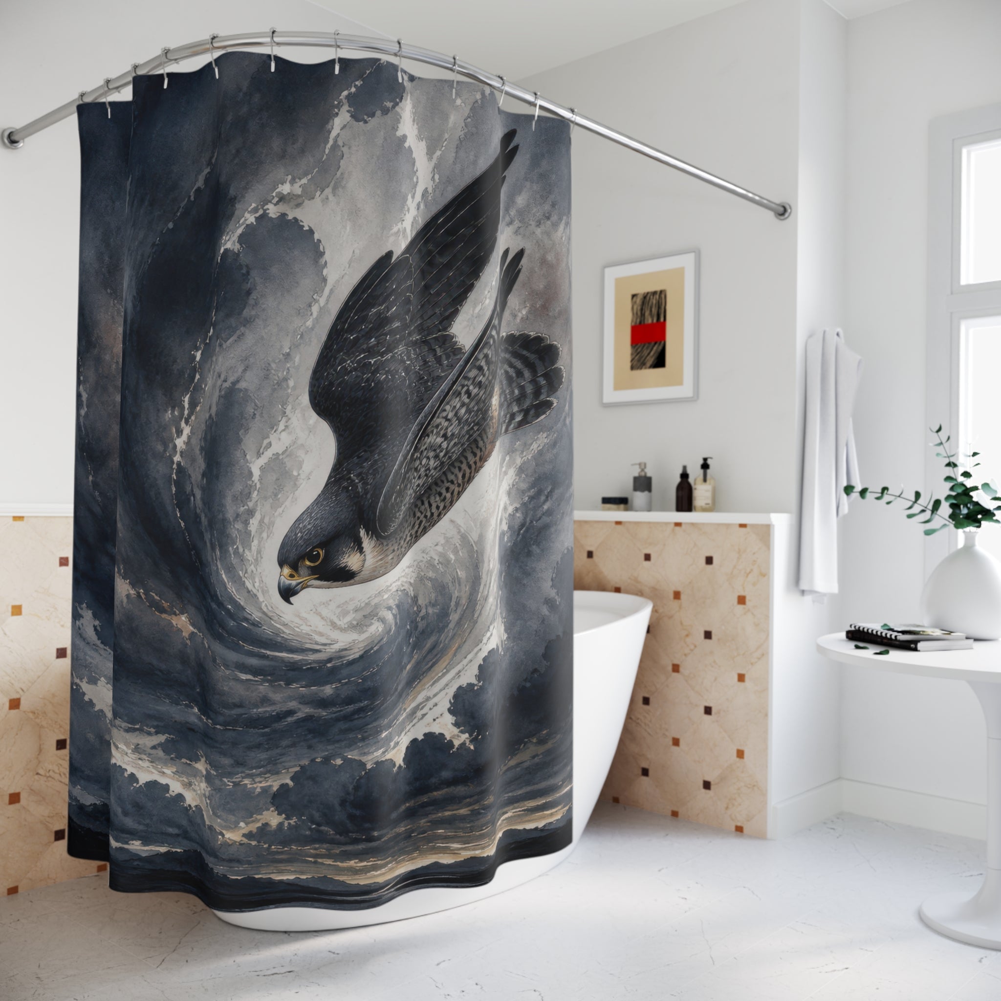 Diving falcon inside a charcoal and slate blue storm spiral shower curtain styled beside a freestanding tub