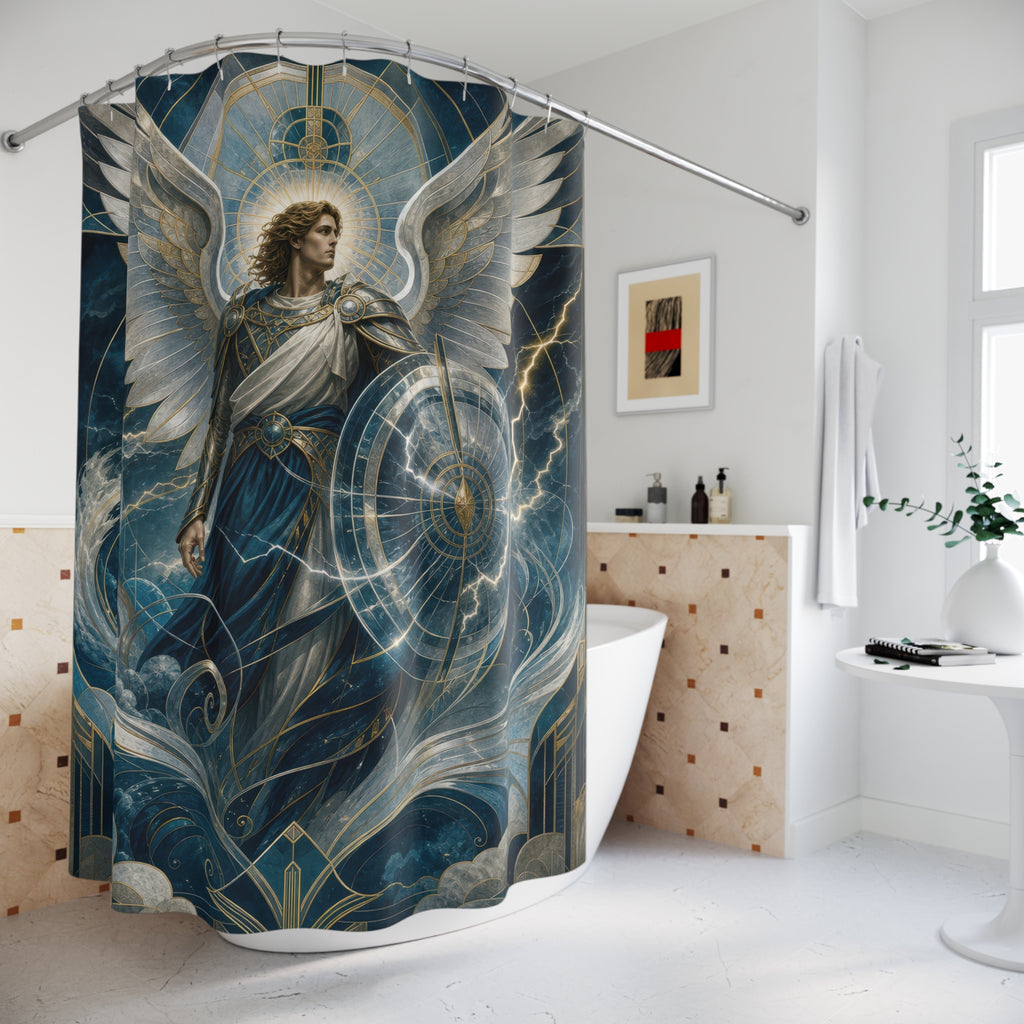Archangel Michael Shower Curtain, Storm Guardian Angel Art, Silver Wing Celestial Decor, Blue Grey Spiritual Bathroom Accent, Art Deco Bath