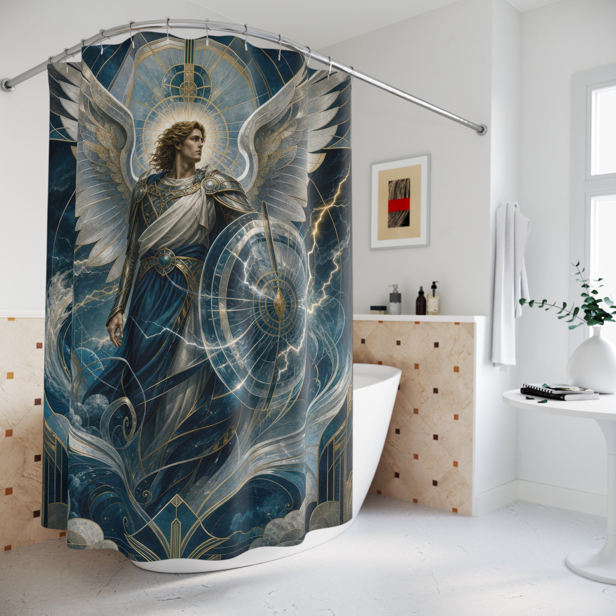 Archangel Michael Shower Curtain, Storm Guardian Angel Art, Silver Wing Celestial Decor, Blue Grey Spiritual Bathroom Accent, Art Deco Bath