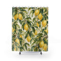 Yellow lemons, green leaves and small white blossoms shower curtain with full front view