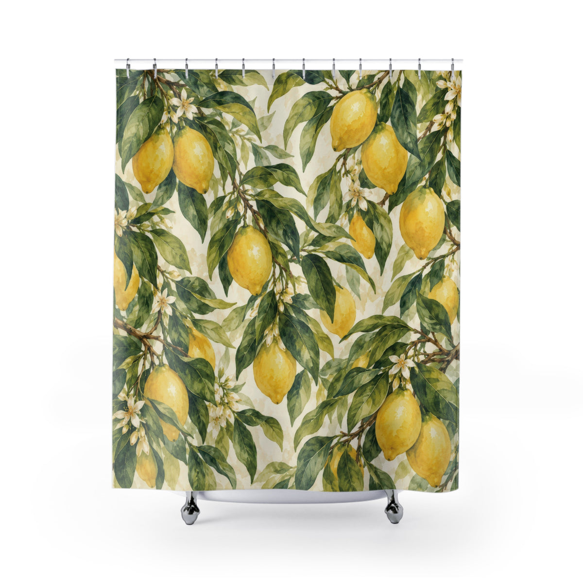 Yellow lemons, green leaves and small white blossoms shower curtain with full front view