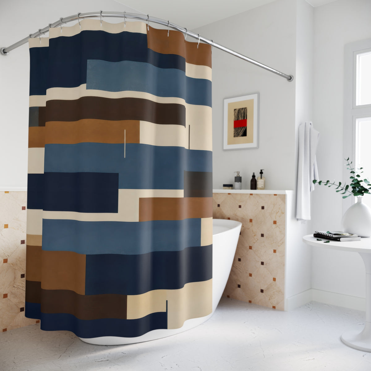 Blue and brown staggered horizontal bars on cream shower curtain beside a freestanding tub