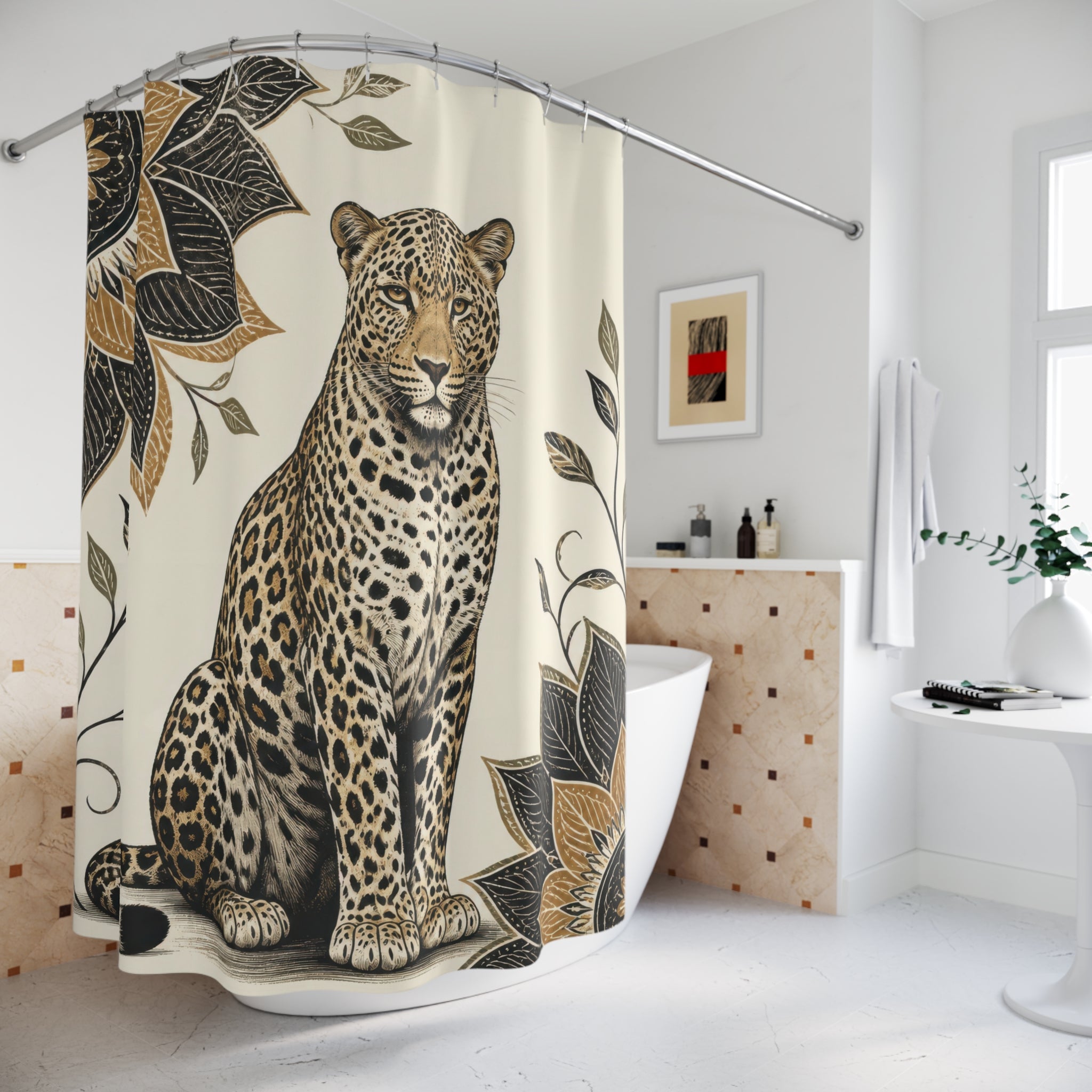 Folk botanical seated leopard portrait shower curtain beside a freestanding tub