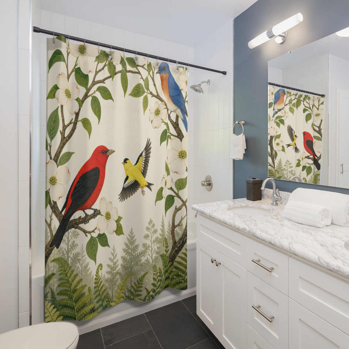 Tanager bluebird and goldfinch beneath dogwood blooms shower curtain beside a white vanity