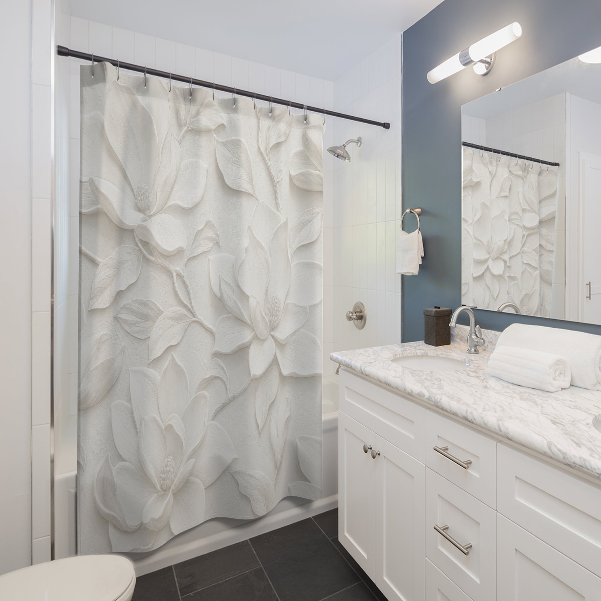 White Magnolia Relief Shower Curtain