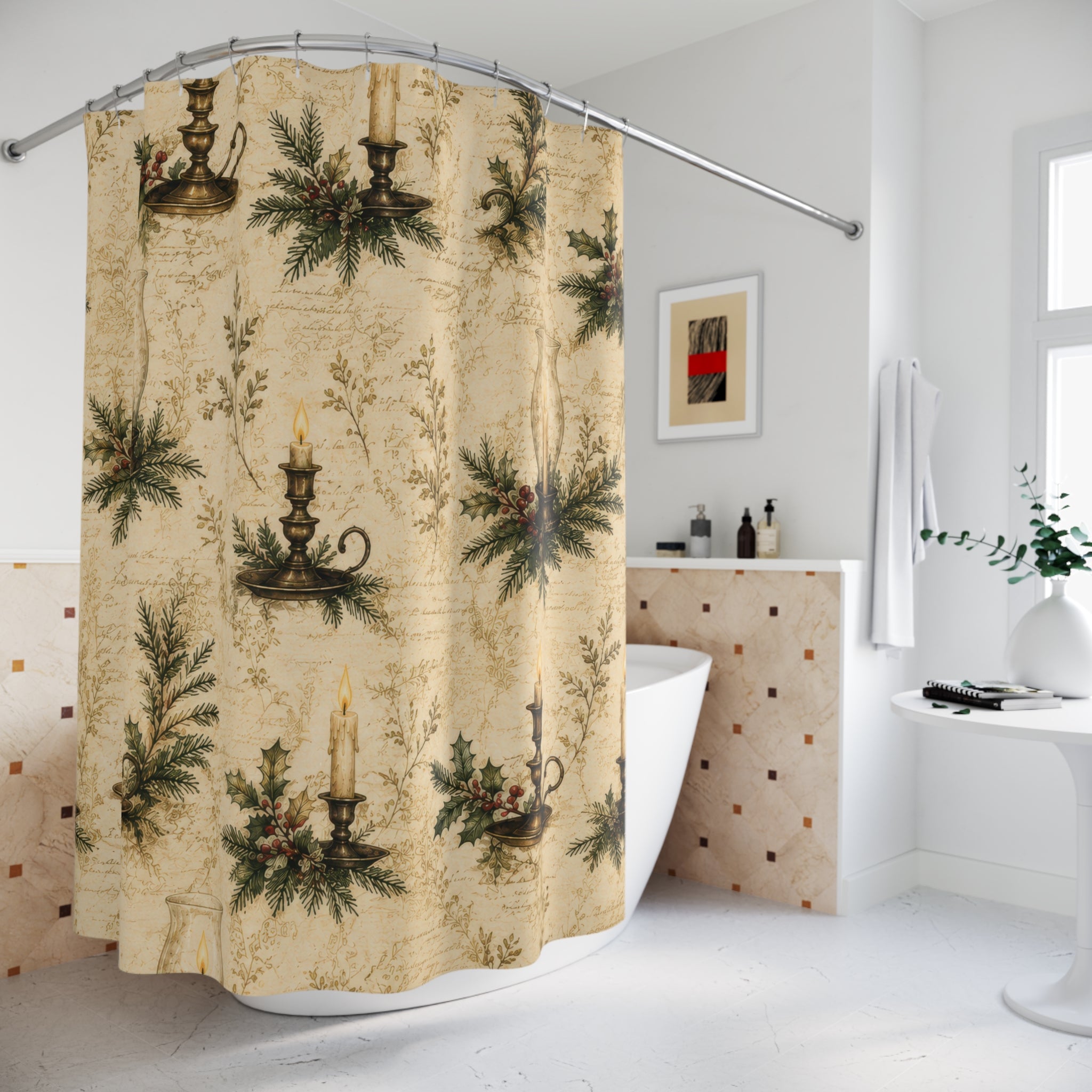 Vintage Christmas Shower Curtain: Antique Candle Botanical