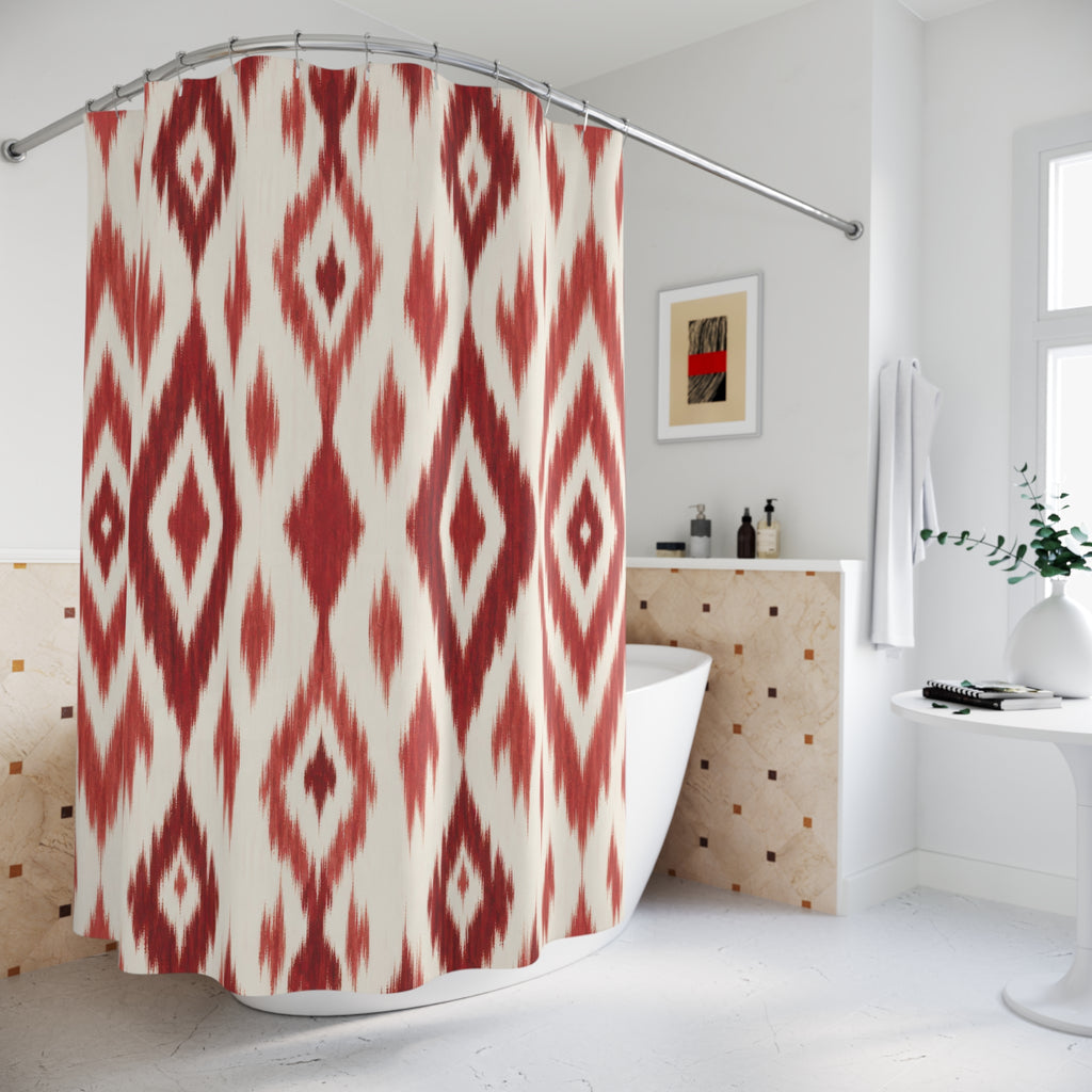 Ikat Shower Curtain, Red and White Diamond Geometric Pattern, Boho Textile Style Bath Decor, Modern Guest Bathroom Accent, Global Red Style