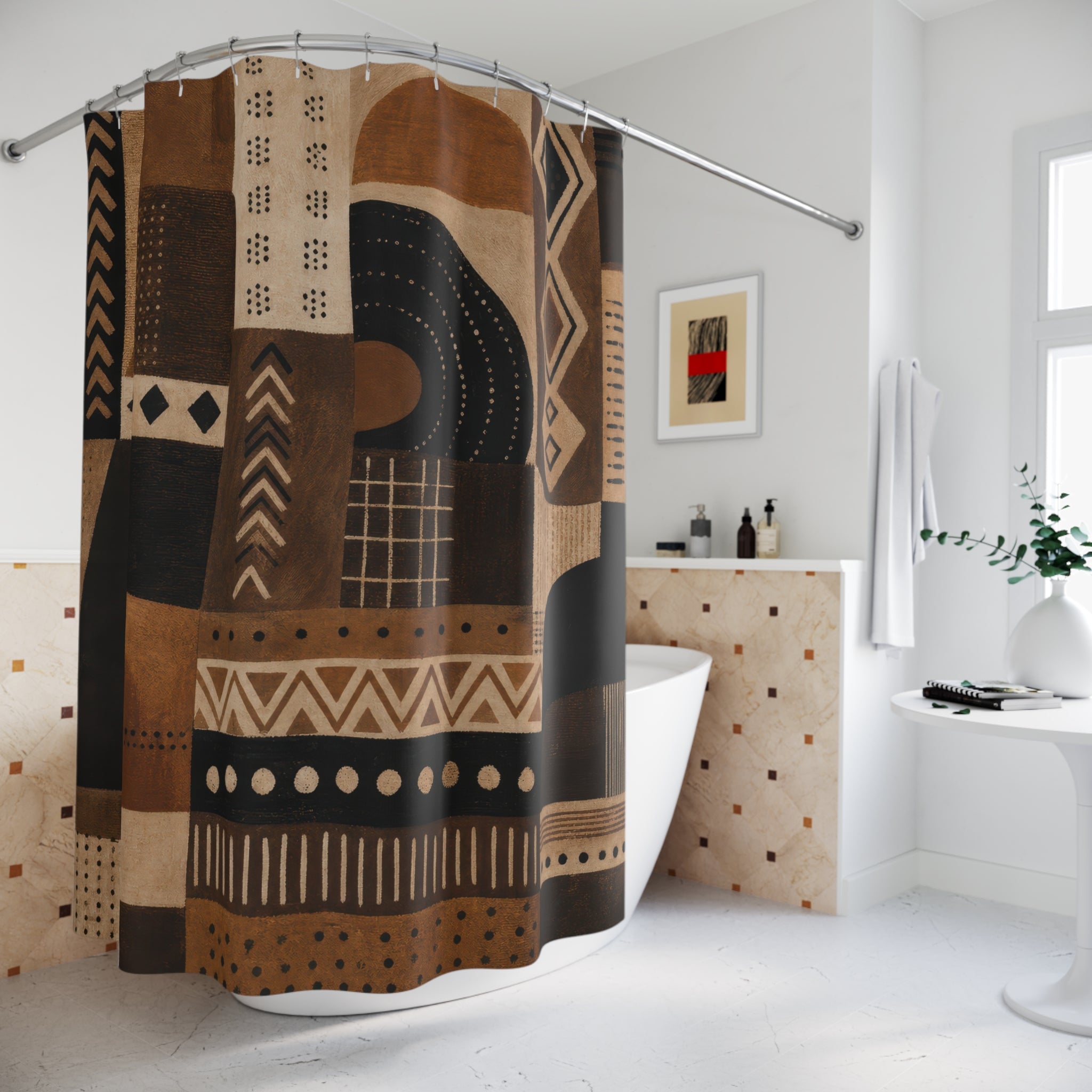 Boho Shower Curtain, Black Brown Western Bath Decor, Cream Tan Patchwork Pattern, Warm Southwestern Neutral Guest Bathroom Decor Style
