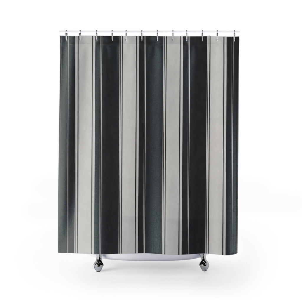 Black Grey Awning Shower Curtain, Black Charcoal Classic Bathroom Decor, Awning Stripe Bath Curtain, Guest Bath Decor, Small Bathroom Decor