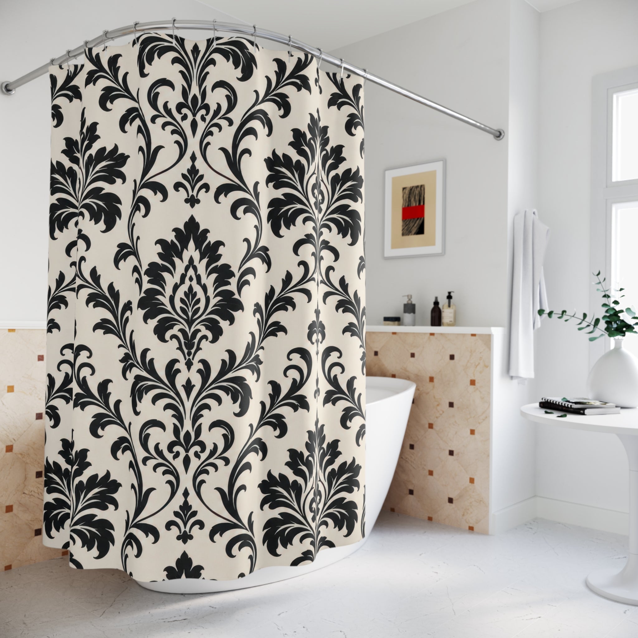 Black Cream Floral Vine Shower Curtain