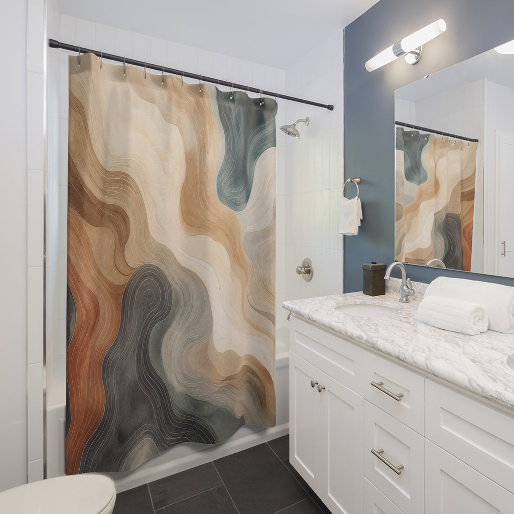 Rust Blue Gray Topographic Line Shower Curtain