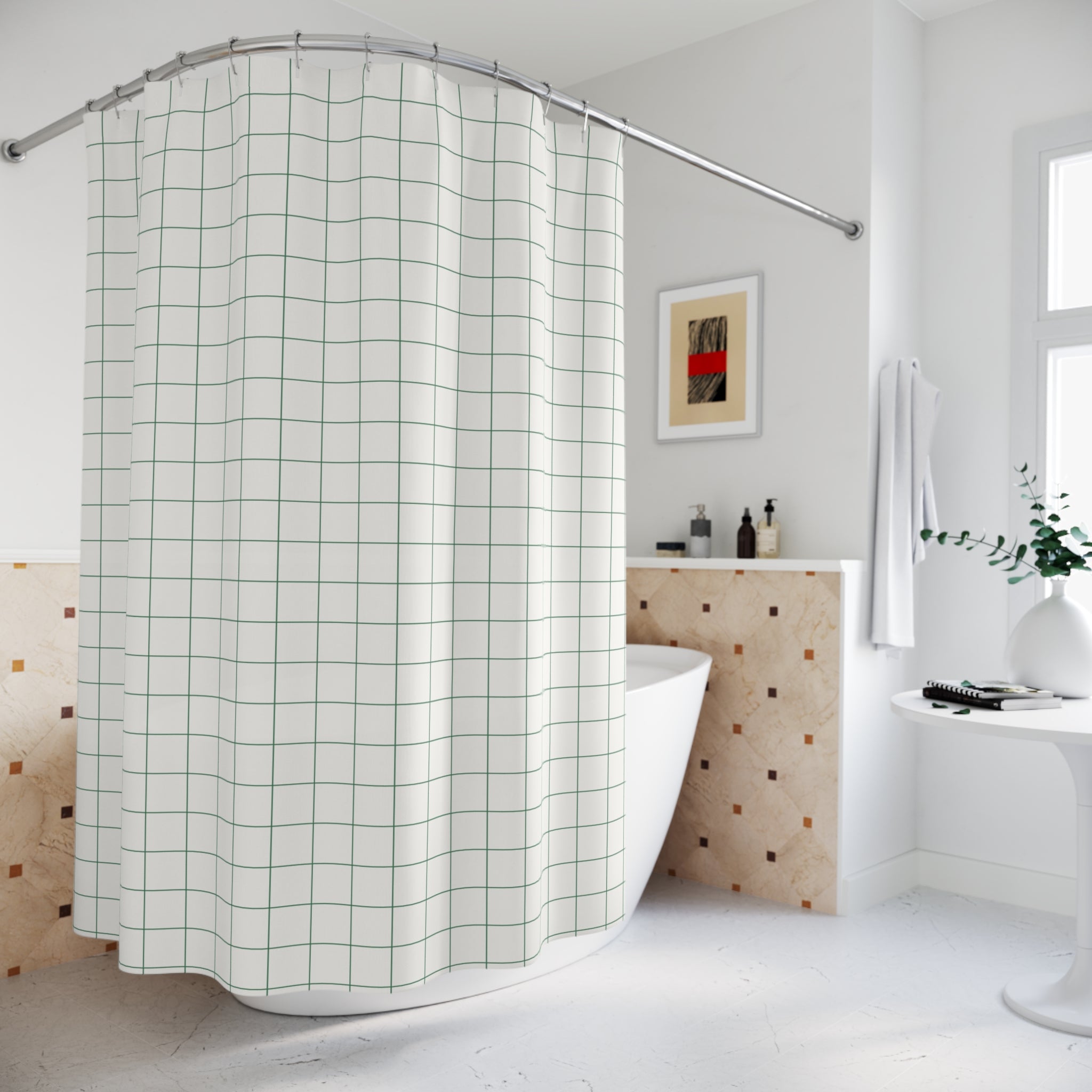 Green and White Cross-Hatch Grid Shower Curtain