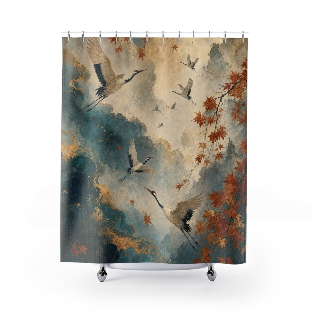 Cranes and Autumn Maple Shower Curtain