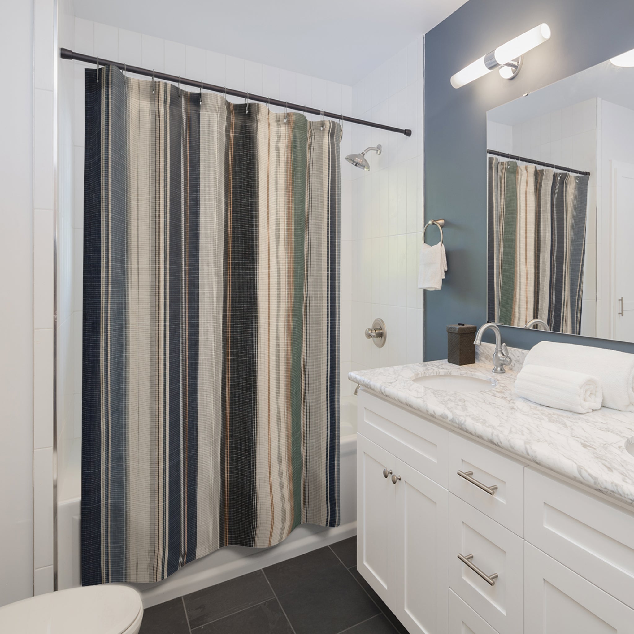 Navy Charcoal Woven Look Stripe Shower Curtain