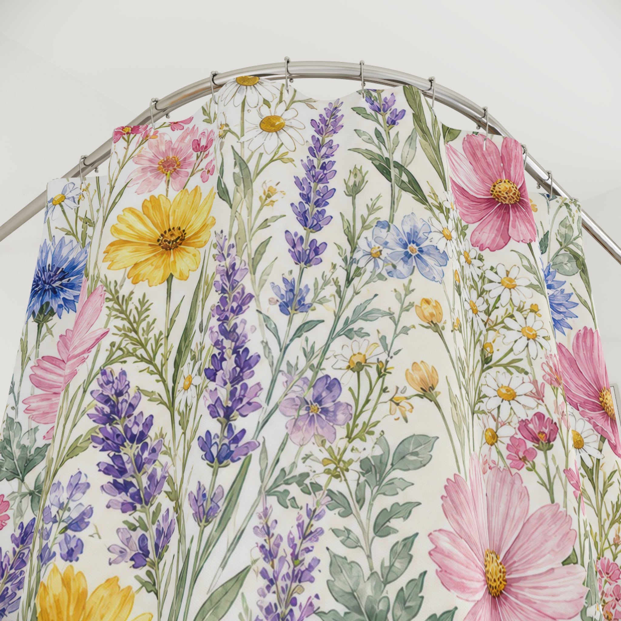 Pink Blue Cosmos Daisy Watercolor Shower Curtain