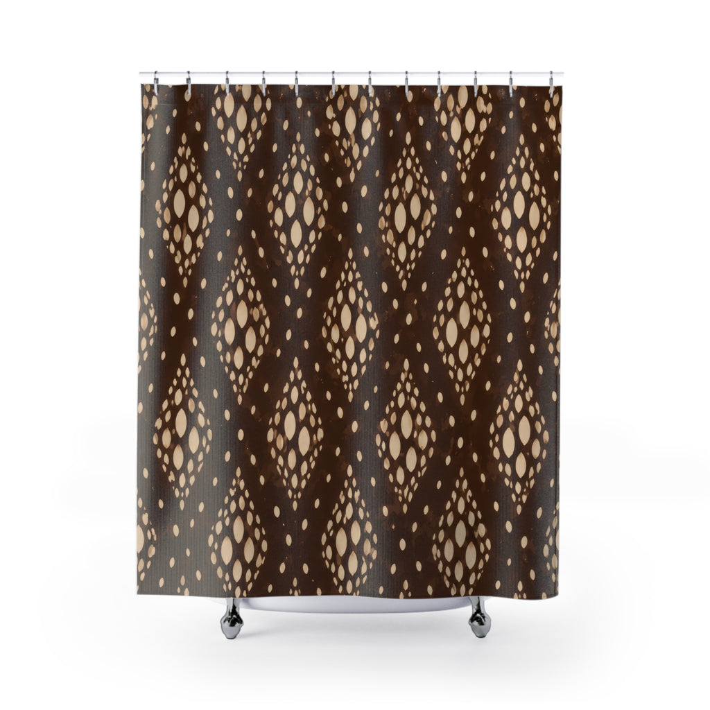 Cream fawn spot medallions over deep coffee brown shower curtain with full front view