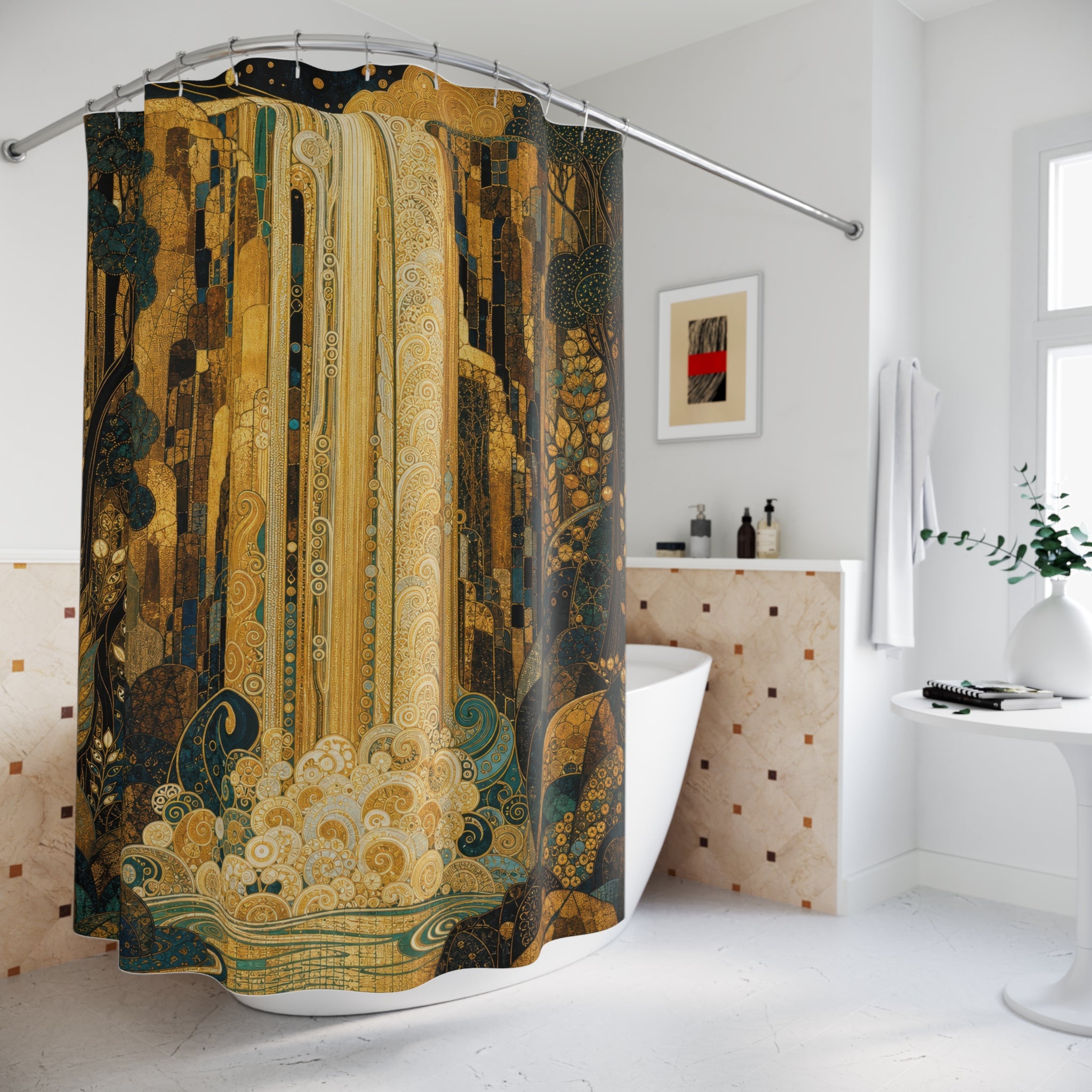 Gold Waterfall Landscape Print Shower Curtain
