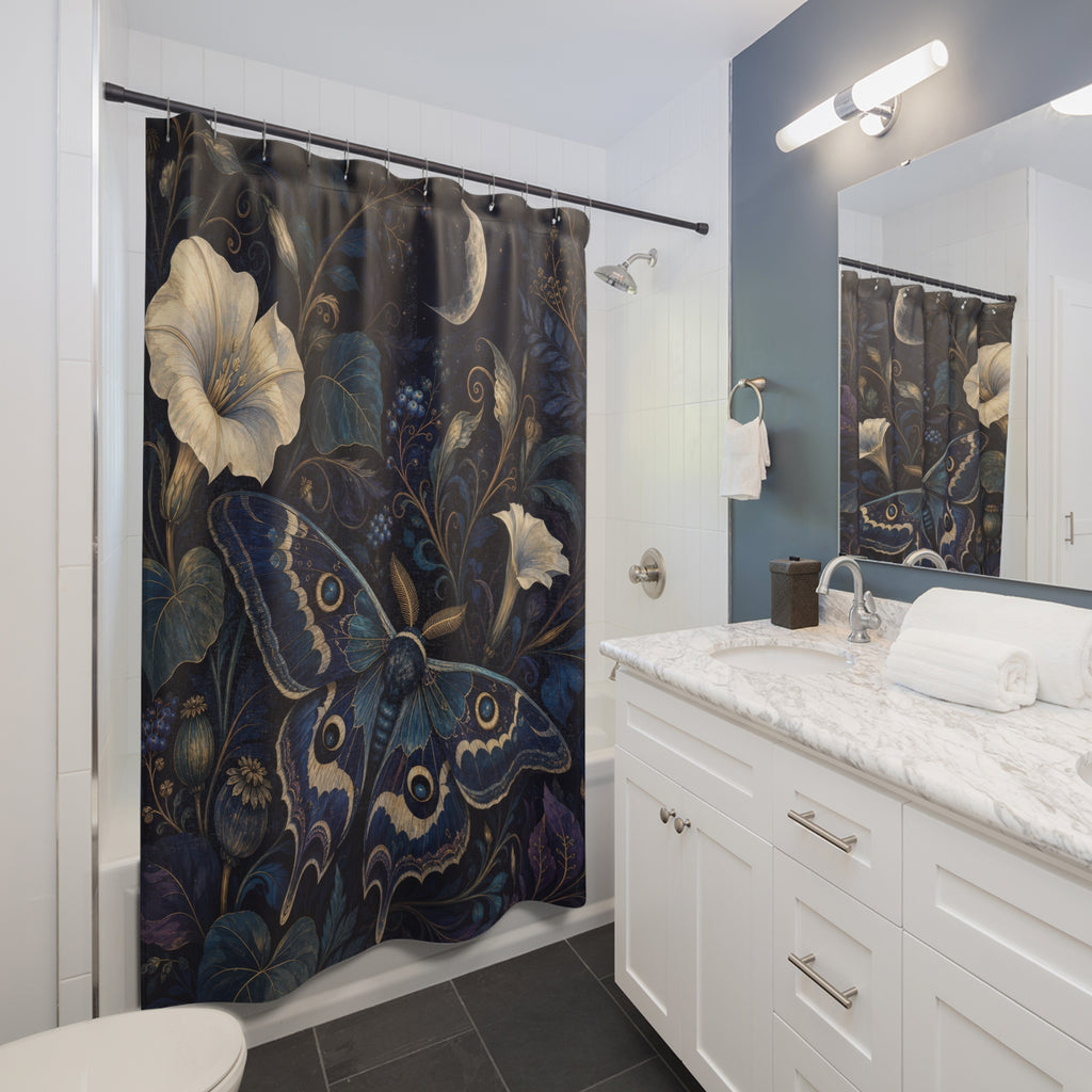 Midnight Moth Garden Navy Blue Shower Curtain