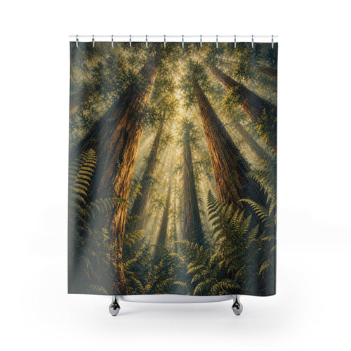 Acrylic Redwood Canopy green blue shower curtain with full front view