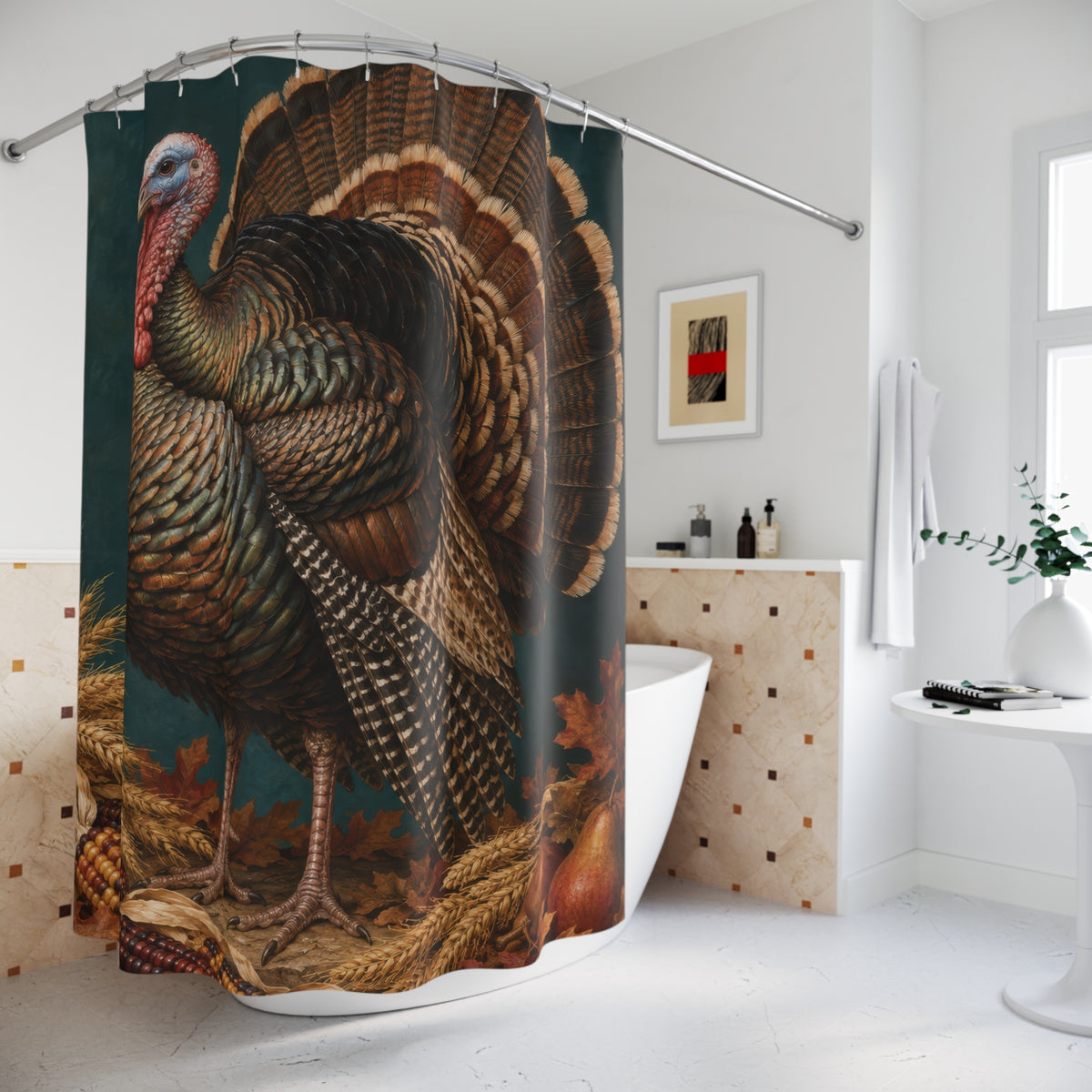 Bronze turkey with harvest wheat and corn on deep teal shower curtain beside a freestanding tub