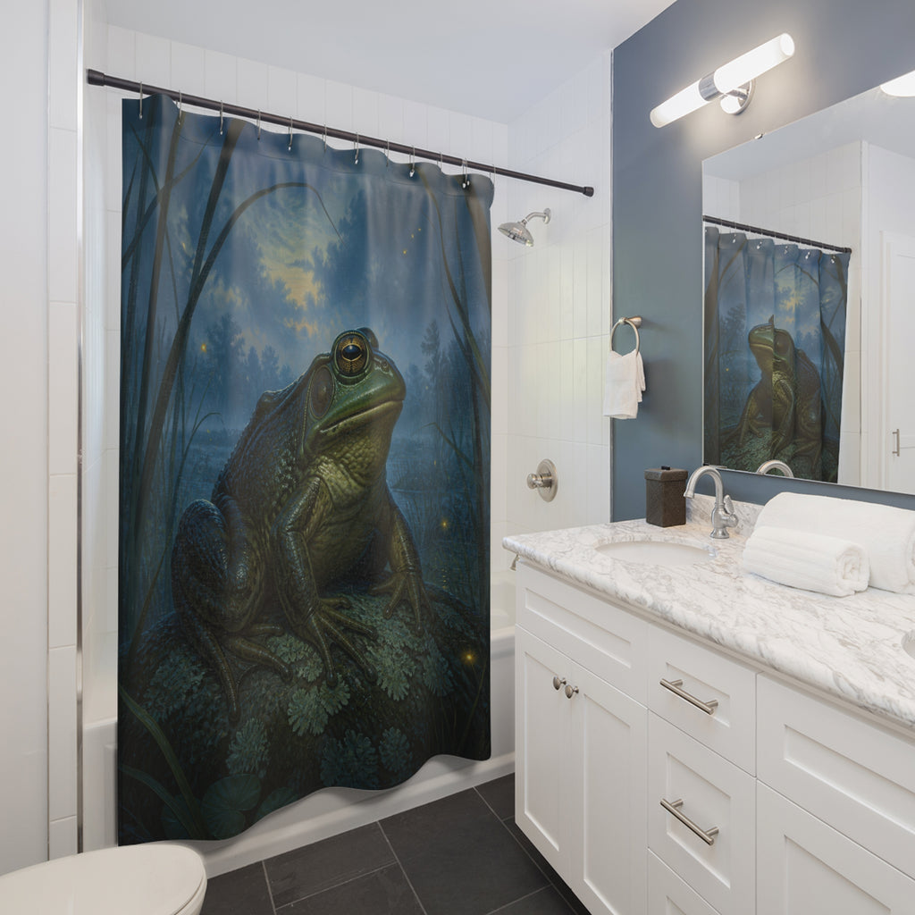 Bullfrog resting in a moonlit blue marsh shower curtain beside a white vanity