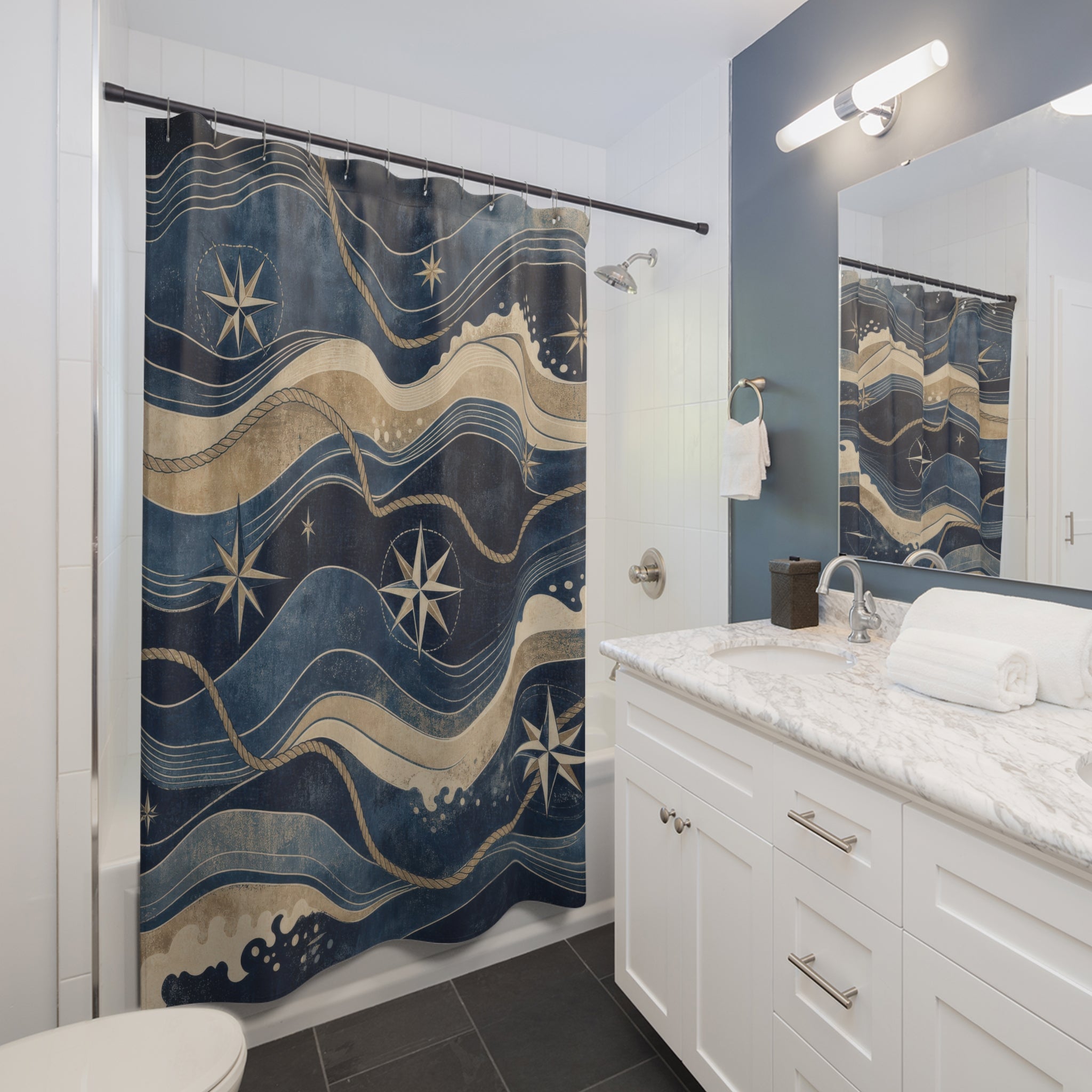 Navy Blue Coastal Shower Curtain