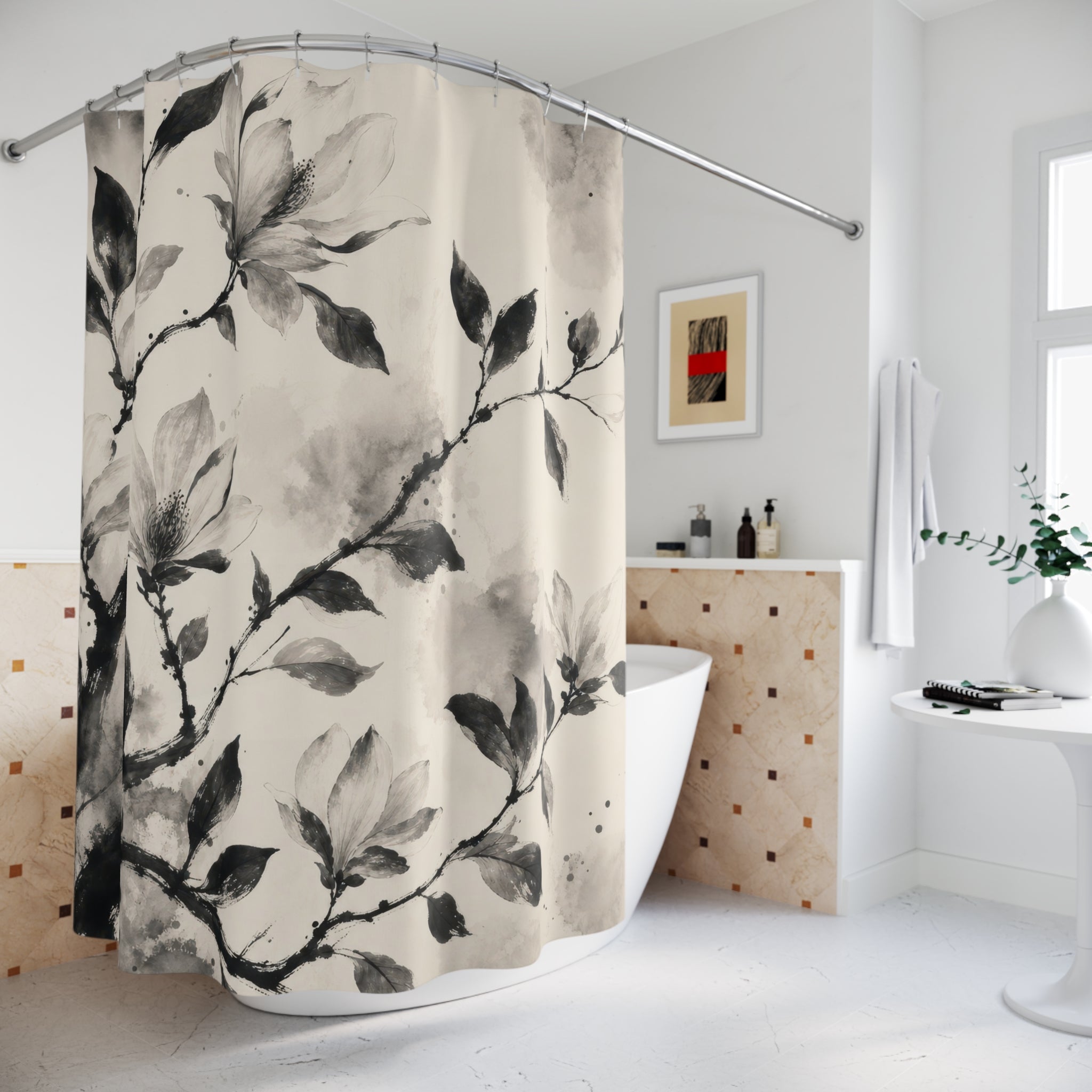 Black White Magnolia Ink Shower Curtain