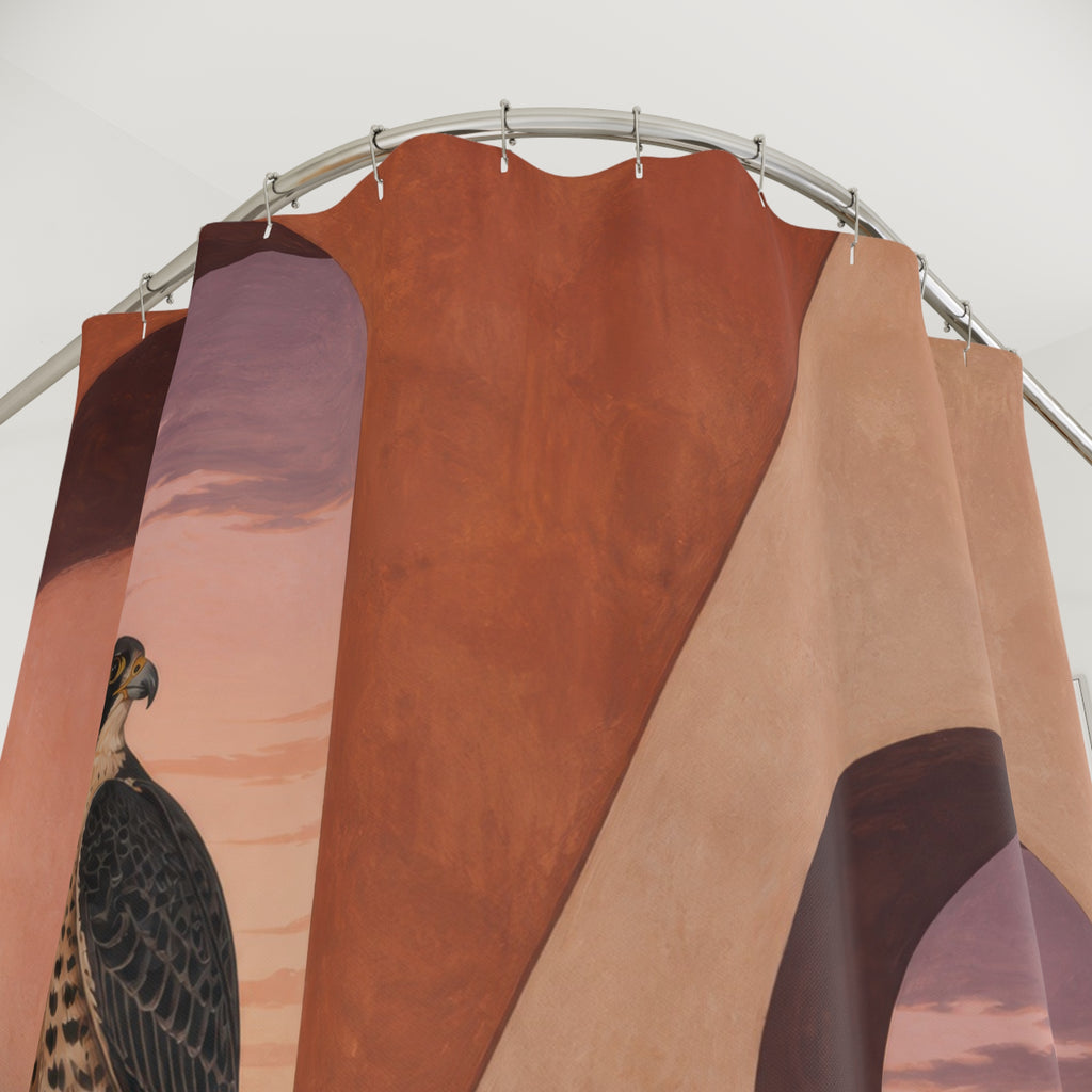 Close-up of Two falcons perched inside terracotta desert adobe arches shower curtain with hooks and folds
