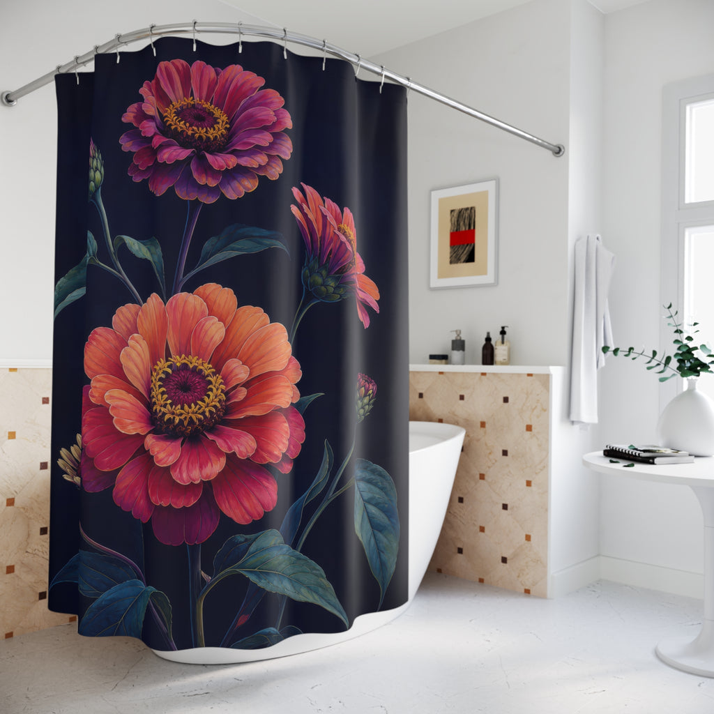 Midnight zinnias on deep indigo shower curtain beside a freestanding tub