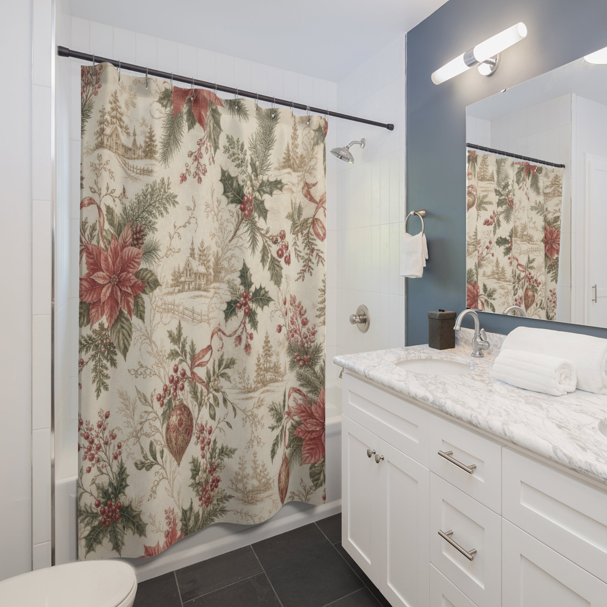 Vintage Holiday Floral Christmas Shower Curtain