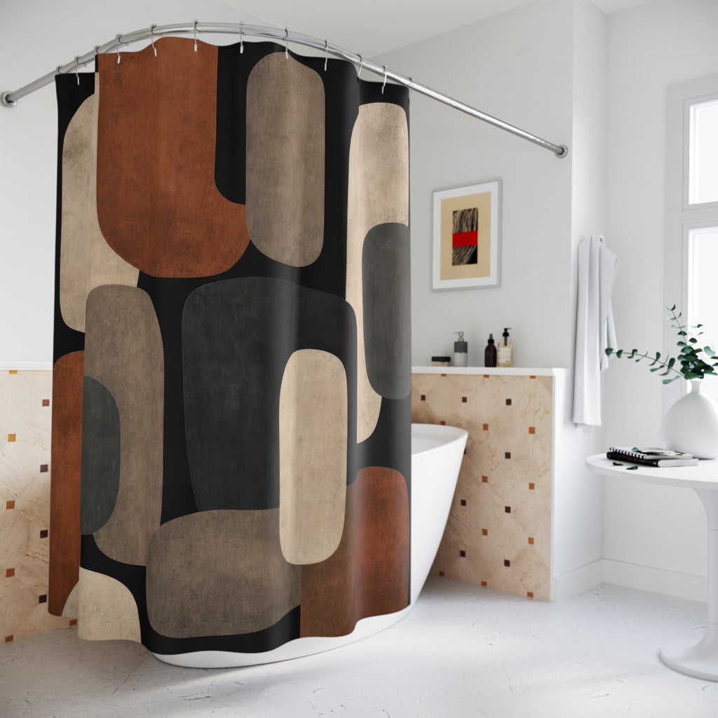 Black Brown Shower Curtain, Modern Geometric Bath Decor, Rust Cream Rounded Block Pattern, Warm Neutral Bathroom Decor, Retro Style