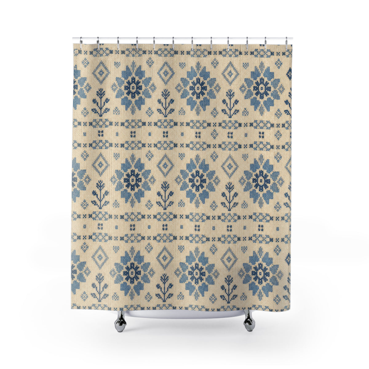 Blue Coverlet Floral farmhouse style shower curtain with full front view