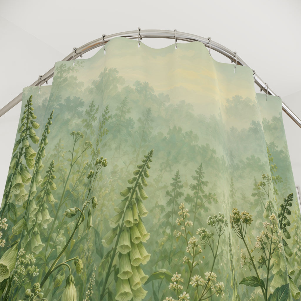 Green foxglove bells and ivory flowers in a misty meadow shower curtain with close-up print, hooks, and folds