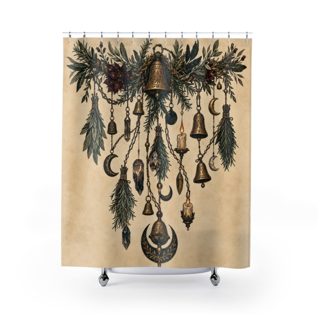 Wiccan hanging herbs bells crystals and lunar talismans shower curtain with full front view