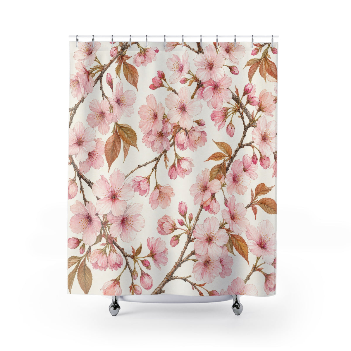 Pink Spring Flower Botanical cherry shower curtain with full front view