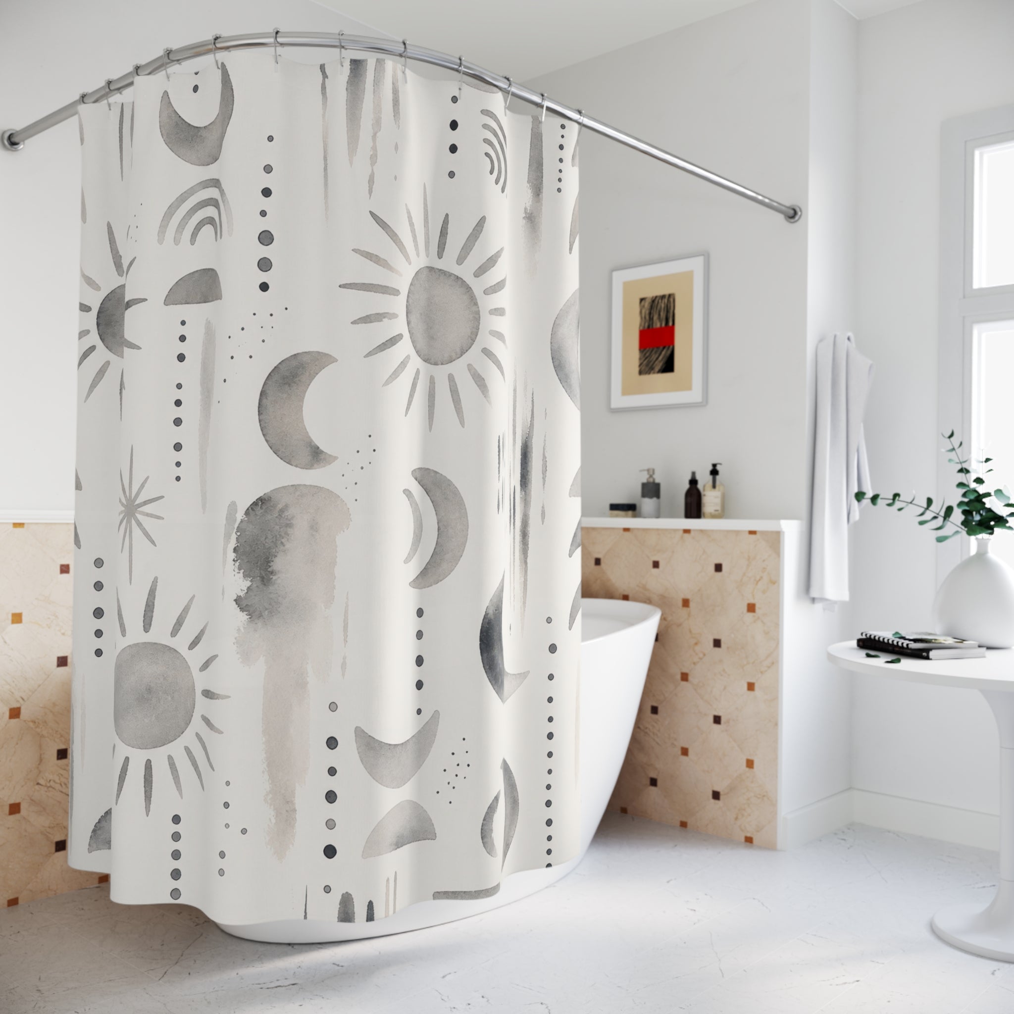 Grey Celestial Moon Sun Shower Curtain