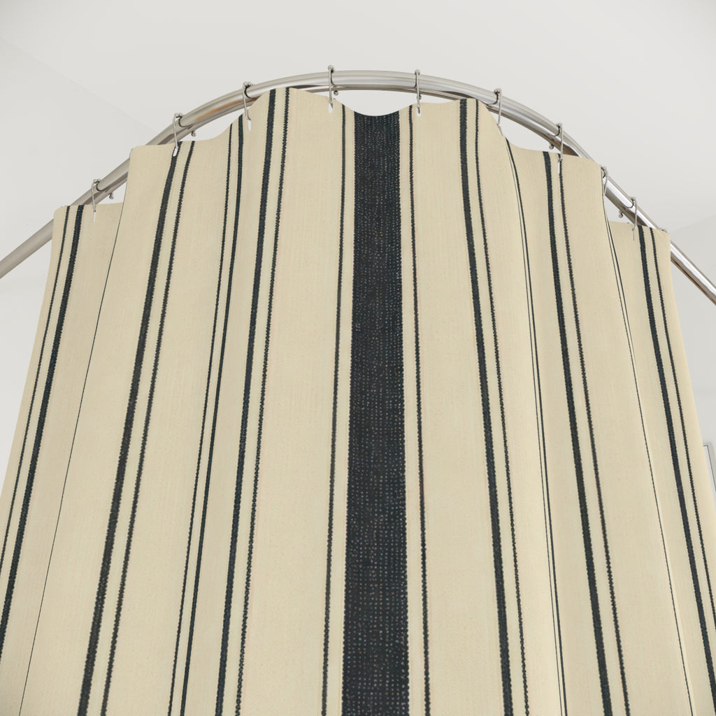 Black Striped Shower Curtain, Beige Ticking Bath Decor, Cream Vertical Stripe Pattern, Classic Farmhouse Guest Bathroom Decor Style