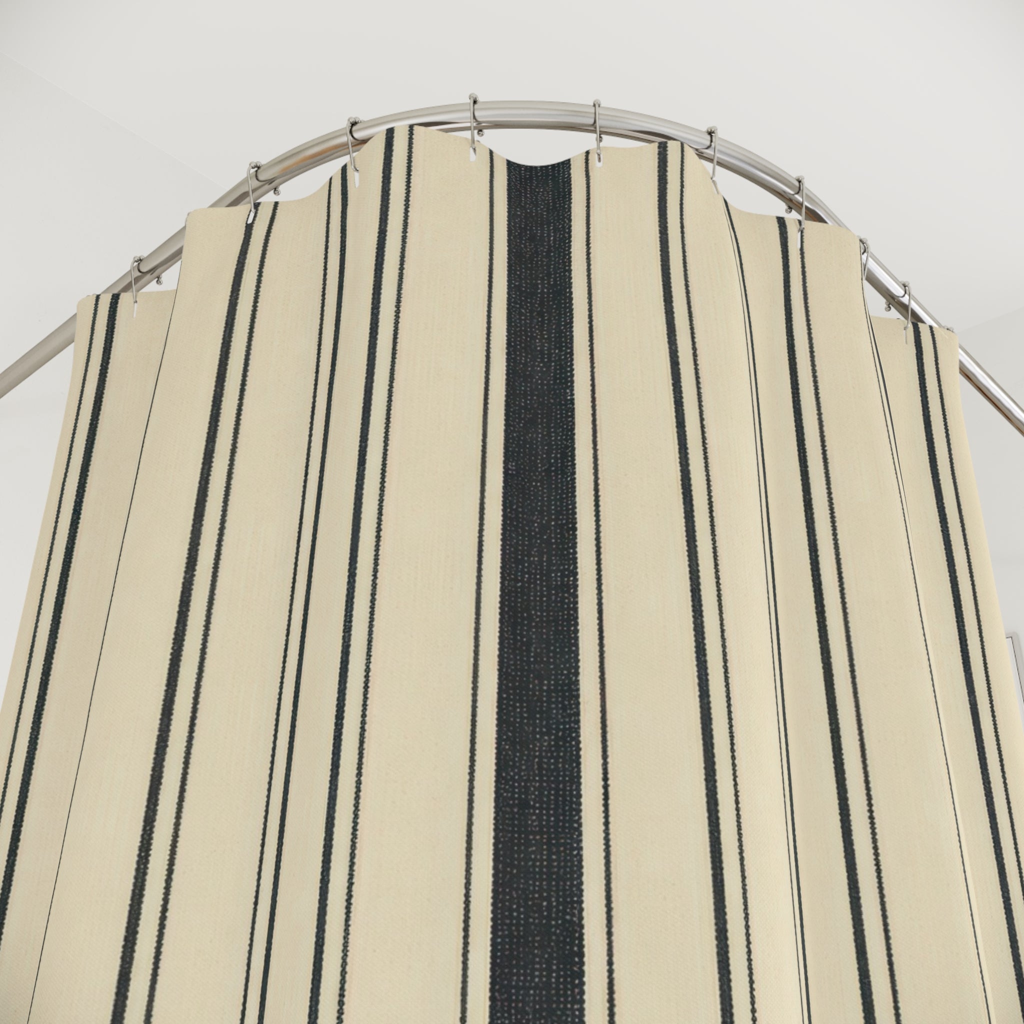 Black Striped Shower Curtain, Beige Ticking Bath Decor, Cream Vertical Stripe Pattern, Classic Farmhouse Guest Bathroom Decor Style