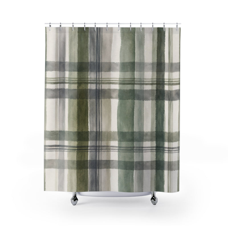 Sage Gray Farmhouse green plaid shower curtain with full front view