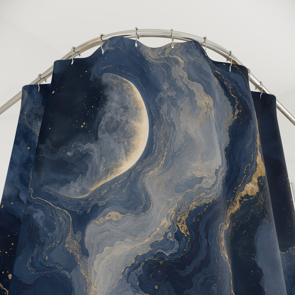 Navy Crescent Moon Marbled Shower Curtain