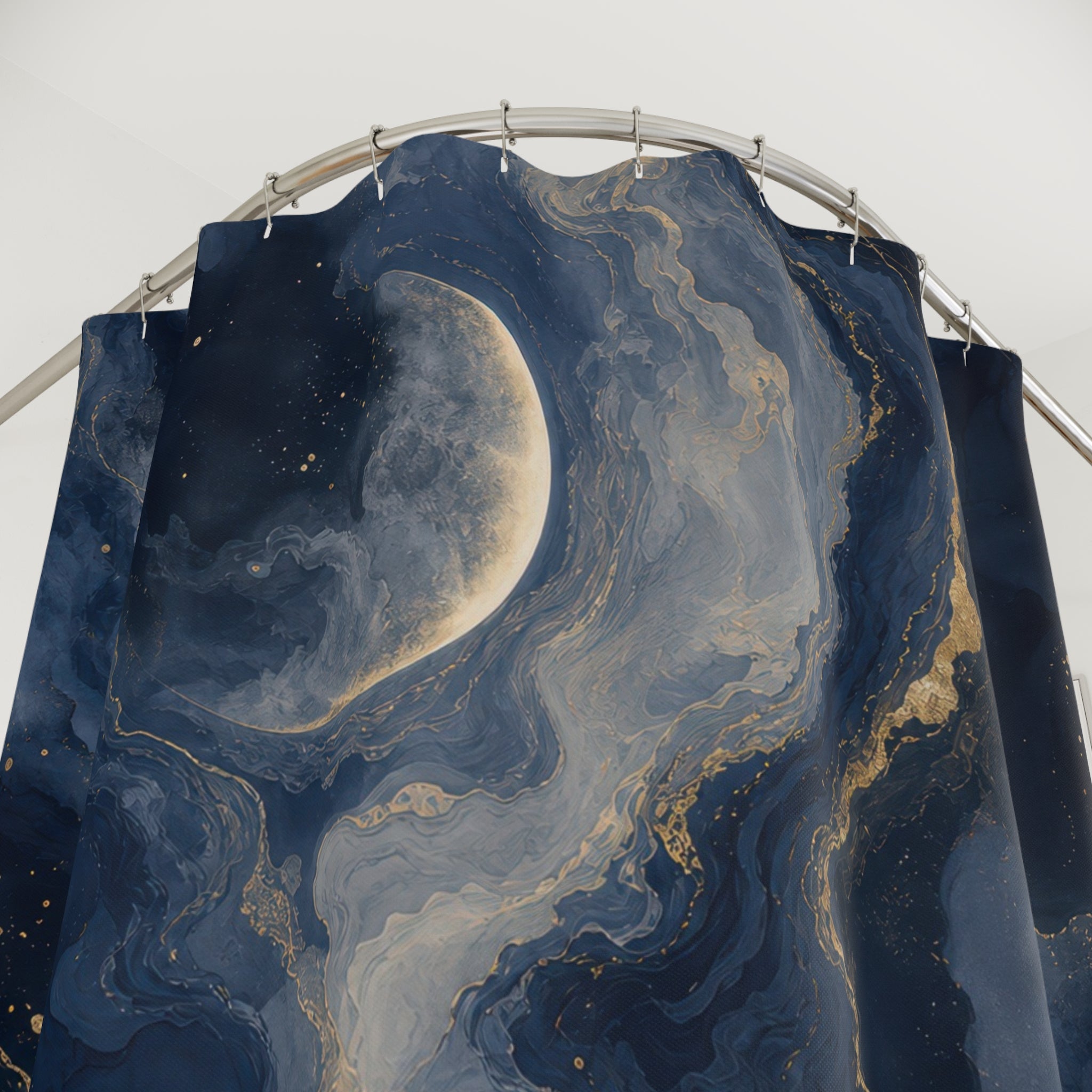 Navy Crescent Moon Marbled Shower Curtain