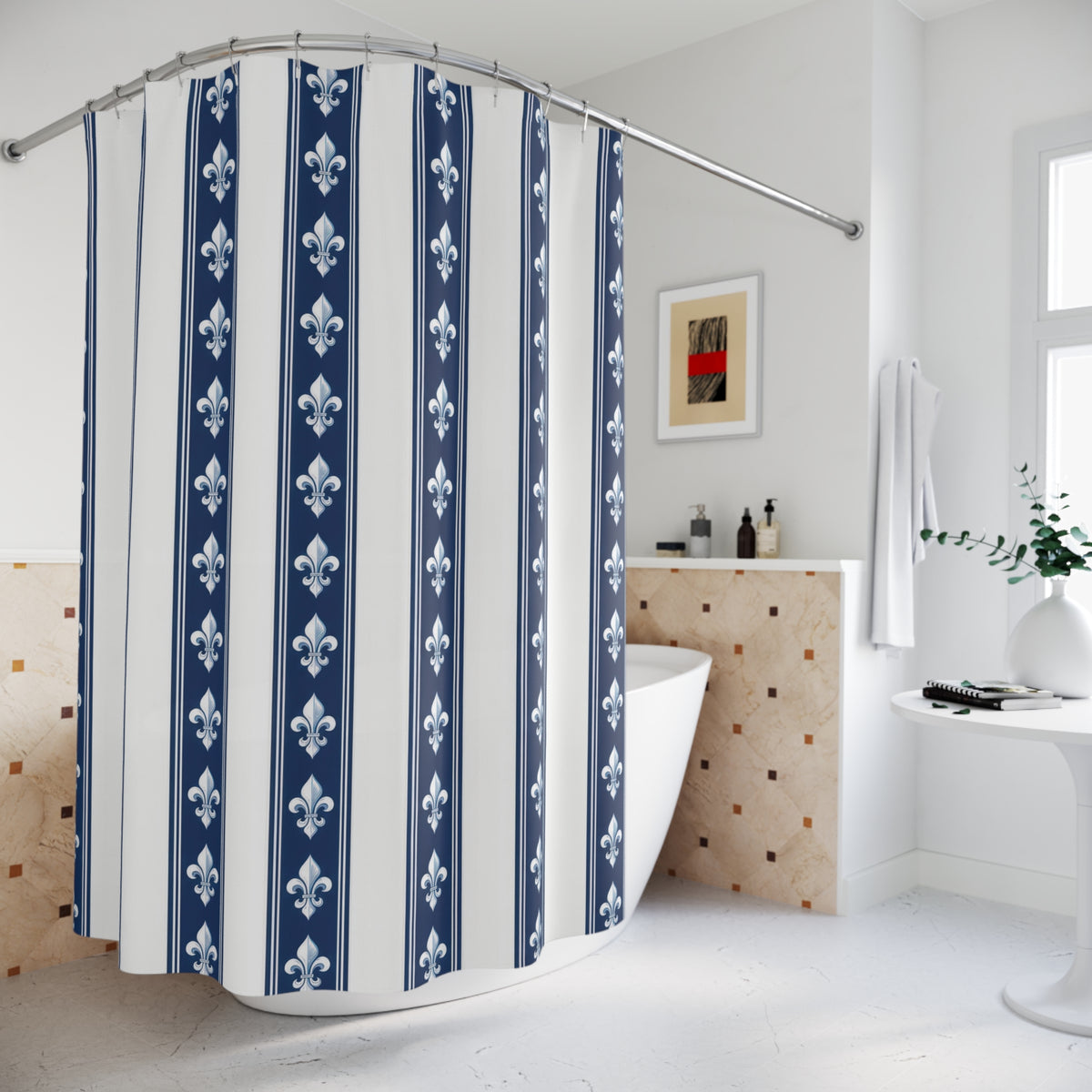 White fleur-de-lis motifs in navy and white vertical bands shower curtain beside a freestanding tub