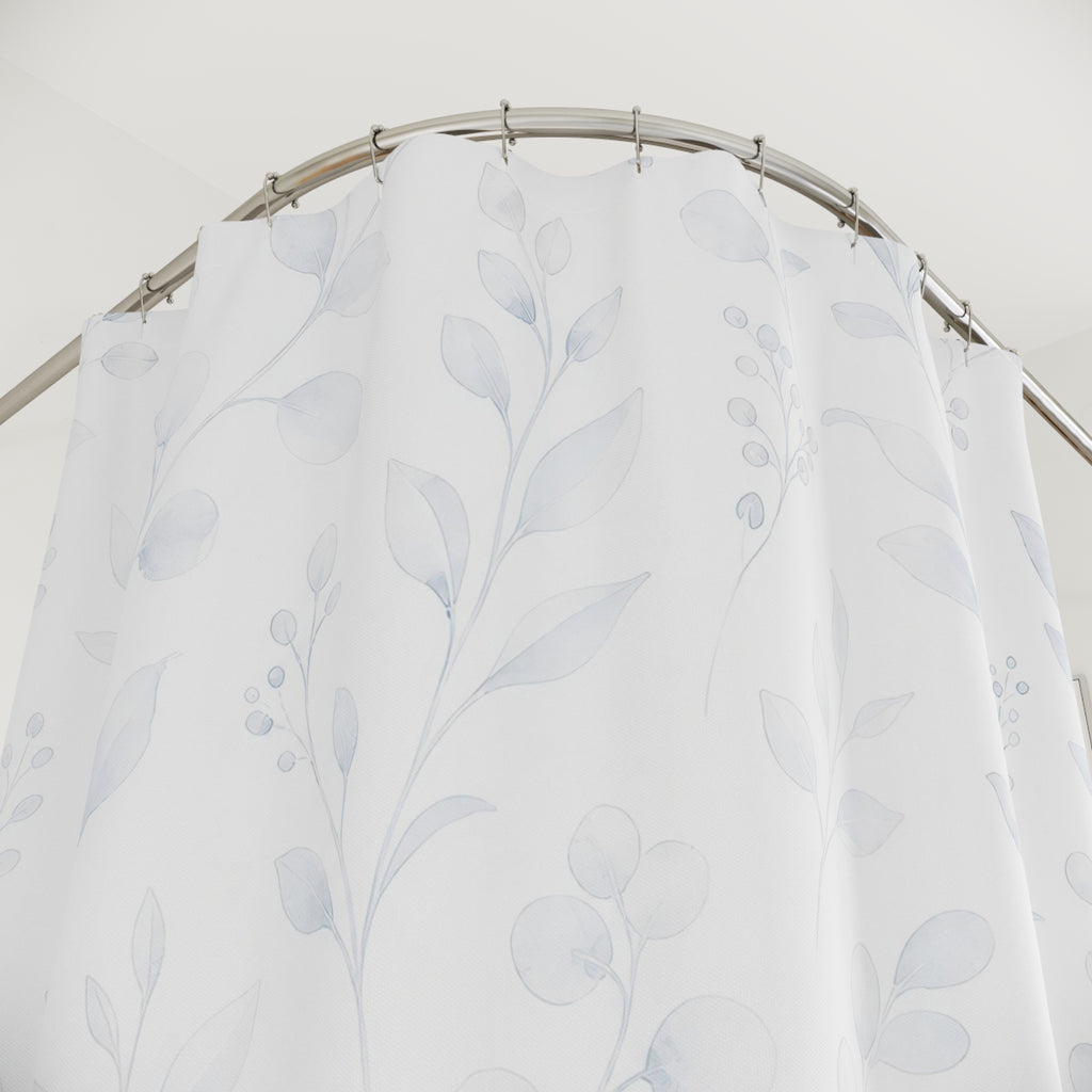 White Botanical Shower Curtain, Leaf Vine Bath Decor, Pale Blue Gray Pattern, Minimal Guest Bathroom Decor, Soft Boho Style, White Style
