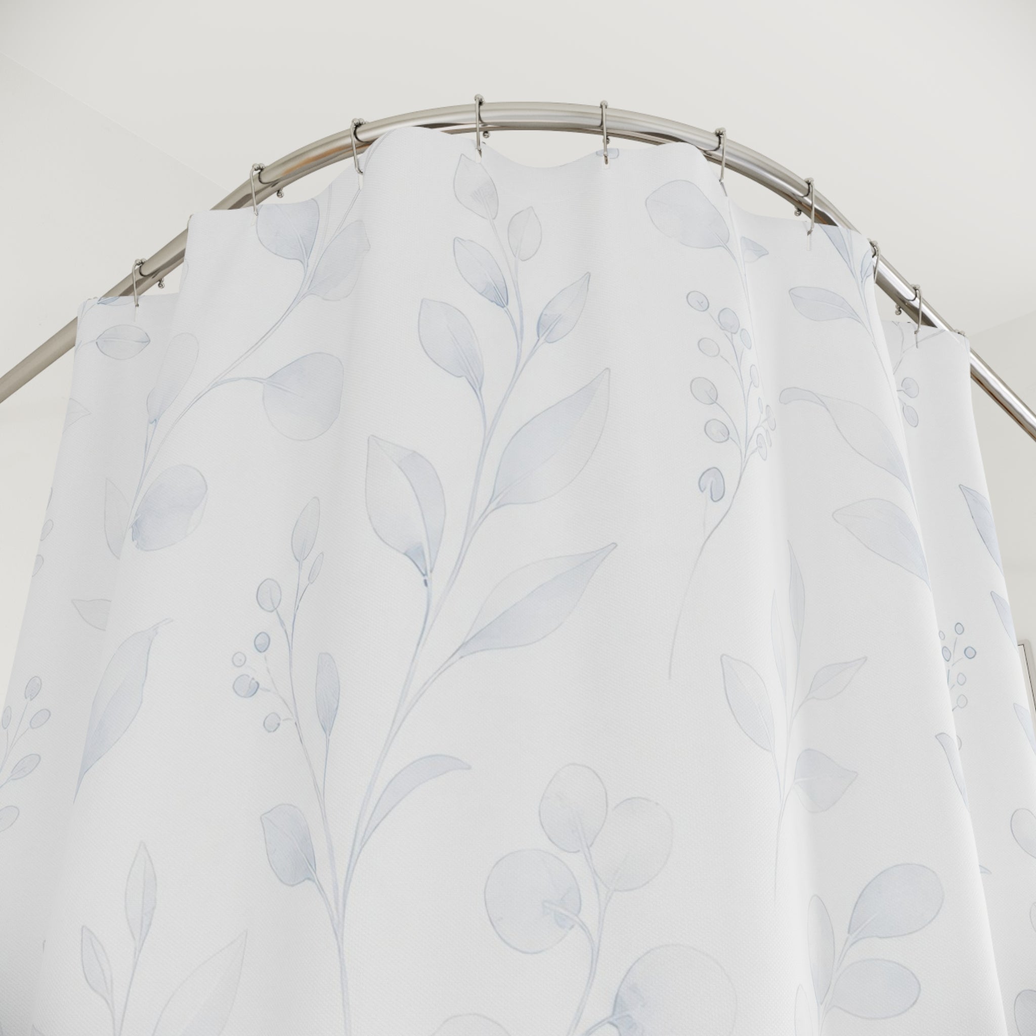 White Botanical Shower Curtain, Leaf Vine Bath Decor, Pale Blue Gray Pattern, Minimal Guest Bathroom Decor, Soft Boho Style, White Style