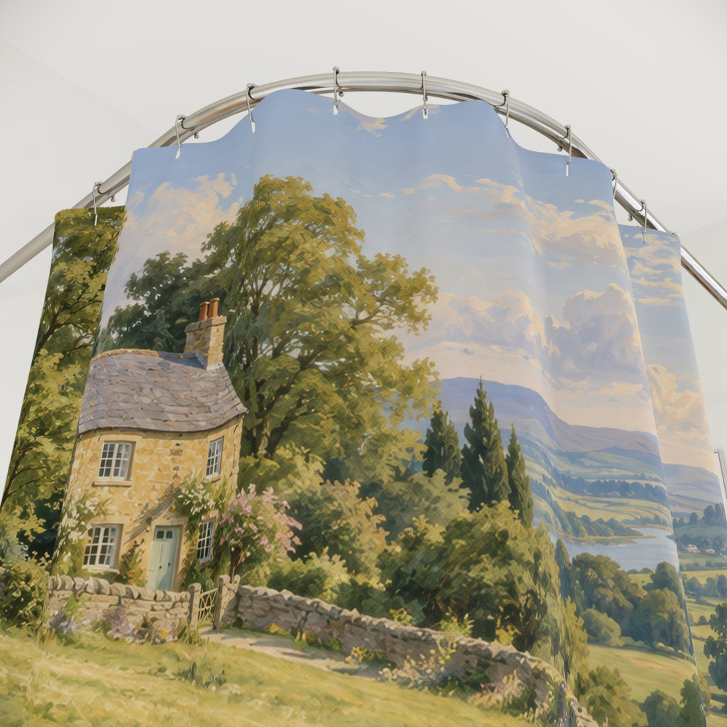 Stone cottage above a sunlit meadow and curving wall shower curtain with close-up print, hooks, and folds