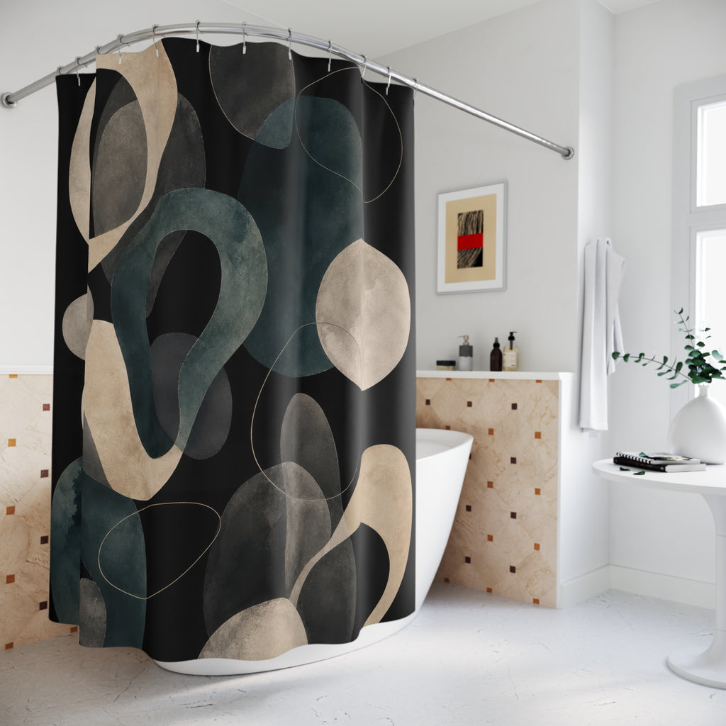 Abstract Circle Shower Curtain, Black Modern Bath Decor, Teal Gray Orbital Shape Pattern, Cream Disc Bathroom Decor, Moody Art Style