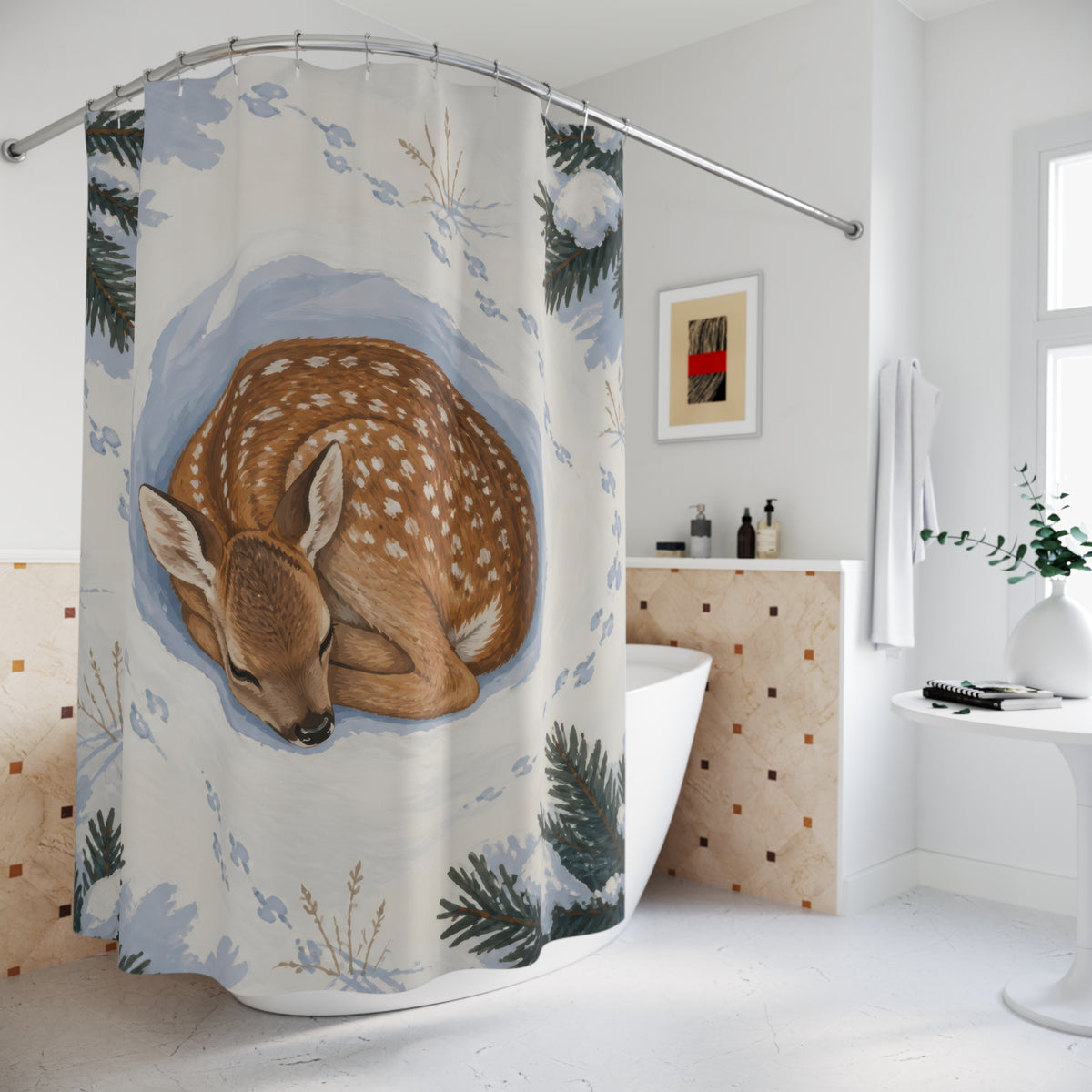 Curled fawn in snowy pine hollow shower curtain beside a freestanding tub